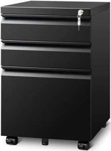 Mobile 3-Drawer Filing Cabinet with Lock - Matte Black
