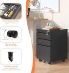 Mobile 3-Drawer Filing Cabinet with Lock - Matte Black