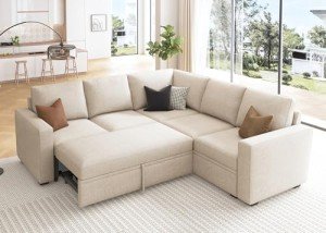 Beige Modular Sleeper Sectional Sofa with Storage