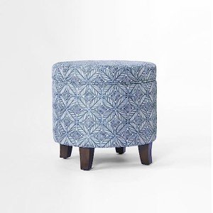 Blue Indigo Upholstered Round Storage Ottoman