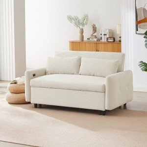 Beige Convertible Sofa Bed with USB Ports
