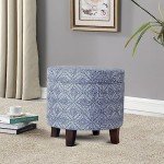 Blue Indigo Upholstered Round Storage Ottoman