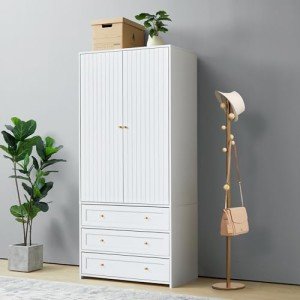 Modern 2-Door White Wardrobe Armoire with Drawers