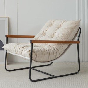 Beige Velvet Accent Chair with Wooden Arms