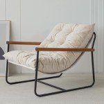 Beige Velvet Accent Chair with Wooden Arms