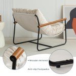 Beige Velvet Accent Chair with Wooden Arms