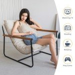 Beige Velvet Accent Chair with Wooden Arms