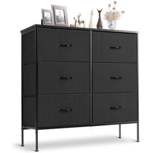 Black 6-Drawer Fabric Dresser with Wood Top