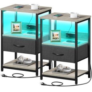 Set of 2 LED Nightstands with Charging Station