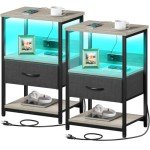 Set of 2 LED Nightstands with Charging Station