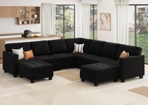 HONBAY Black Velvet U-Shaped Sectional Sofa with Ottoman