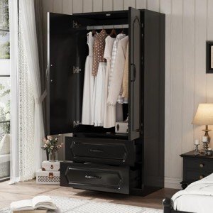 70" Wooden Wardrobe with Drawers and Doors