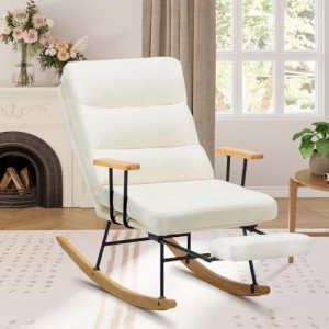 Beige Upholstered Rocking Chair with Footrest