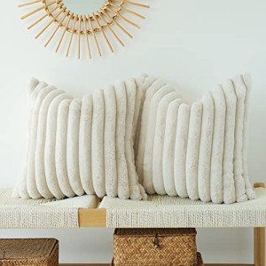 Set of 2 Plush Beige Faux Fur Pillow Covers