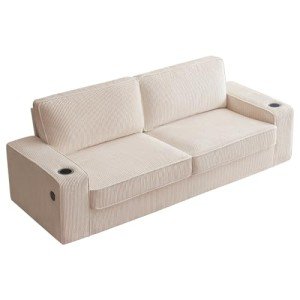 Beige Corduroy Modern Sofa with USB & Cup Holders