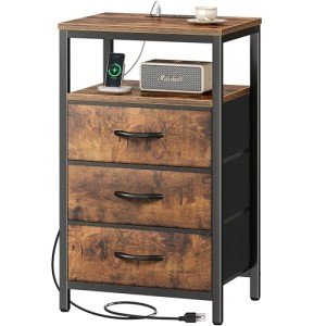 Rustic Brown Nightstand with Charging Station and Drawers