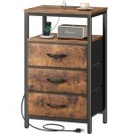 Rustic Brown Nightstand with Charging Station and Drawers