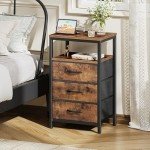 Rustic Brown Nightstand with Charging Station and Drawers