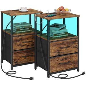 TUTOTAK LED Charging End Tables with Drawers - Set of 2