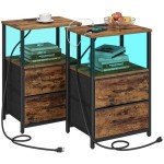 TUTOTAK LED Charging End Tables with Drawers - Set of 2