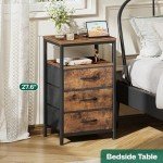 Rustic Brown Nightstand with Charging Station and Drawers