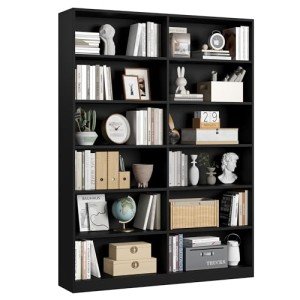 Double Wide 6-Tier Black Bookshelf and Bookcase