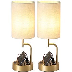 Gold Modern Table Lamp with USB Charging Ports (2-Pack)