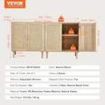 Natural Rattan Buffet Cabinet with Adjustable Shelves
