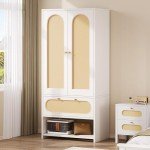 White Rattan Armoire Wardrobe with Storage Drawers
