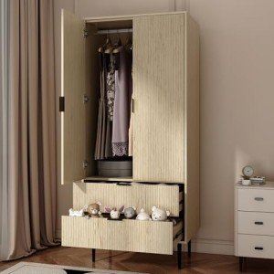 Modern Natural Wood Wardrobe with Drawers and Hanging Rail