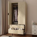 Modern Natural Wood Wardrobe with Drawers and Hanging Rail