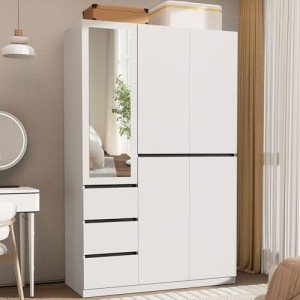 5-Door Wooden Wardrobe Closet with Mirror & Drawers