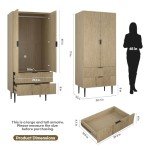 Modern Natural Wood Wardrobe with Drawers and Hanging Rail