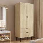 Modern Natural Wood Wardrobe with Drawers and Hanging Rail