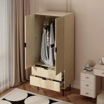Modern Natural Wood Wardrobe with Drawers and Hanging Rail