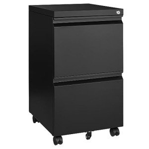 Black Rolling File Cabinet with Lock and 2 Drawers