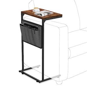 C Shaped End Table with Storage Bag, Rustic Brown
