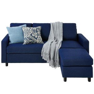Dark Blue Upholstered L-Shape Sectional Sofa with Ottoman