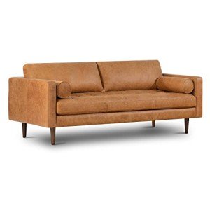 Cognac Tan Leather Mid Century Sofa with Bolsters