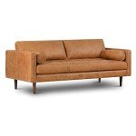 Cognac Tan Leather Mid Century Sofa with Bolsters