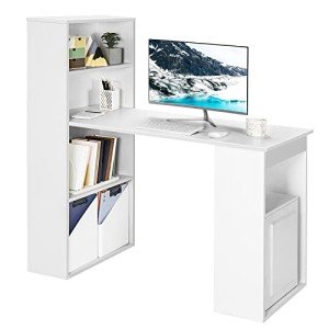 Tangkula White Compact Computer Desk with Bookshelf