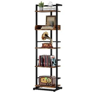 Rustic Brown 5-Tier Narrow Bookshelf with Metal Edges