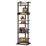 Rustic Brown 5-Tier Narrow Bookshelf with Metal Edges