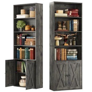 Industrial 6-Shelf Bookshelves with Doors - Set of 2