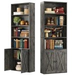 Industrial 6-Shelf Bookshelves with Doors - Set of 2