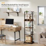 Rustic Brown 5-Tier Narrow Bookshelf with Metal Edges