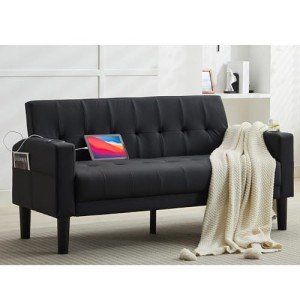 Mid-Century Modern Loveseat with USB Ports & Cupholders