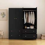 Black Freestanding Armoire Wardrobe with Storage Drawers