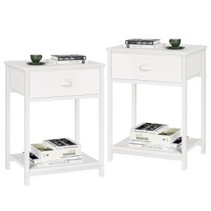 White Nightstands Set of 2 with Fabric Drawers