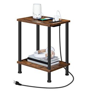 Rustic Side Table with Charging Station and Storage